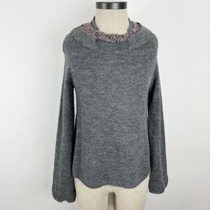 Anthropologie Knitted & Knotted Womens Gray Wool Blend Beaded Neckline Sweater